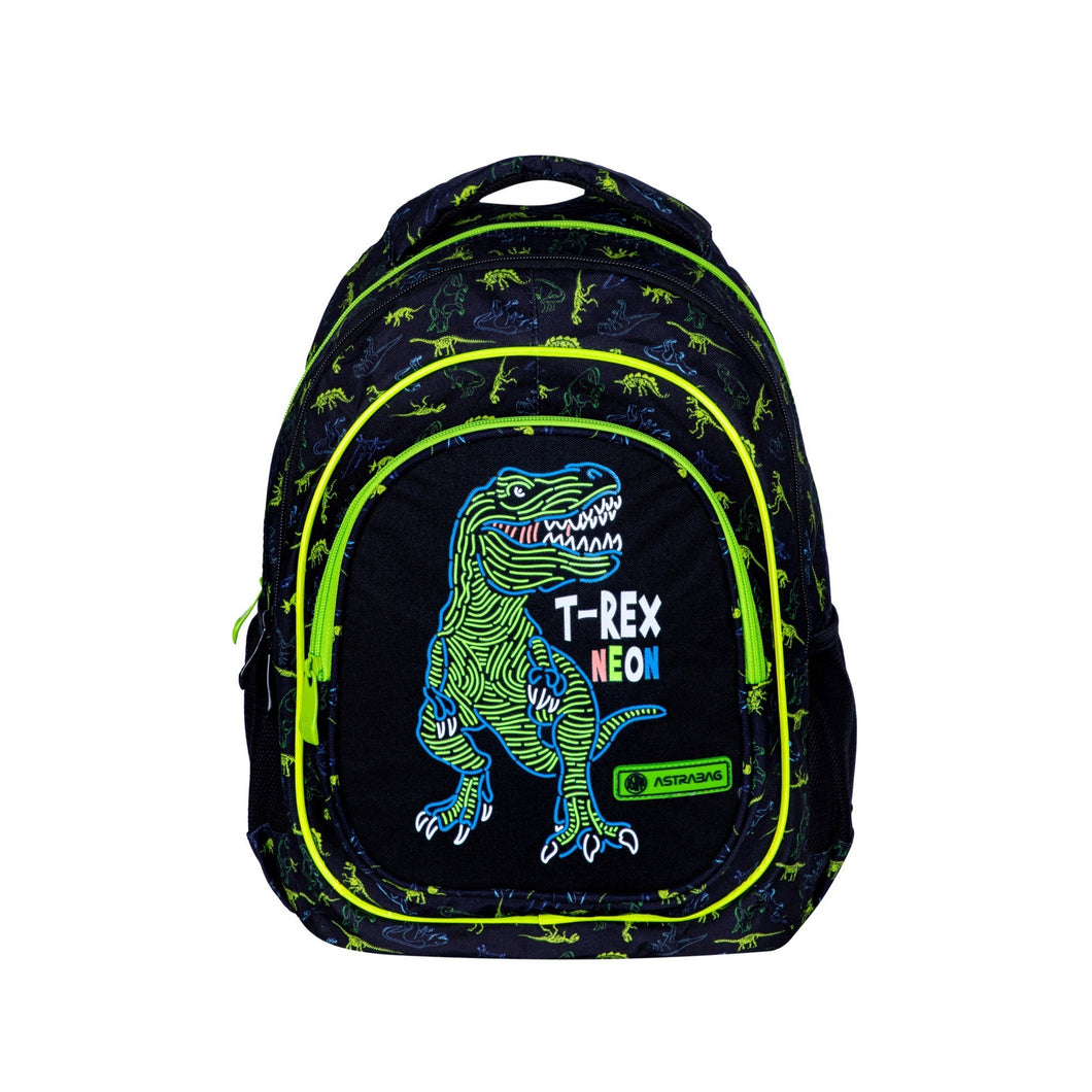 Ghiozdan scolar, Astra, T-Rex, 3 compartimente, Impermeabil, Textil, 39 x 28 x 15 cm, Negru/Neon