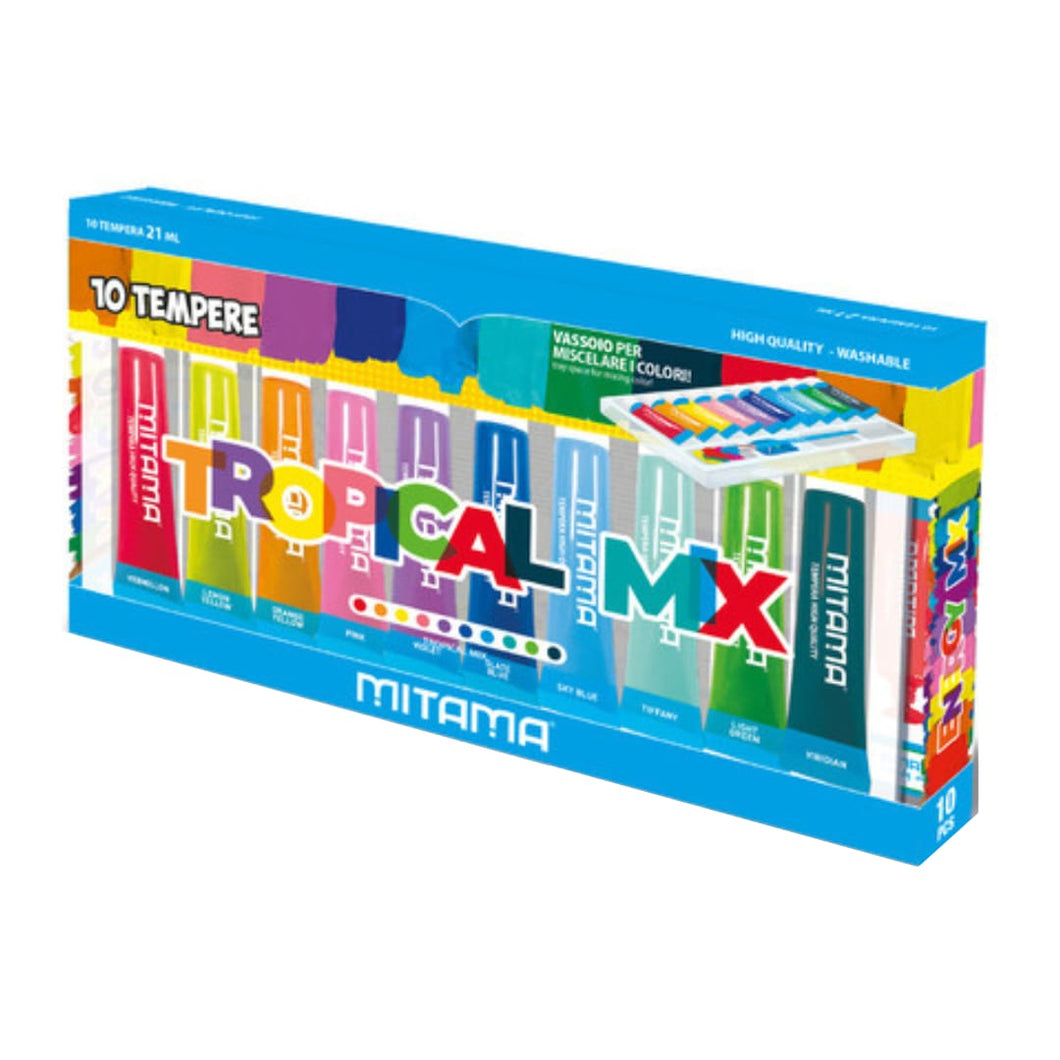 Set 10 culori tempera ecologica Mitama Tropical Mix, lavabile, 10 x 21 ml