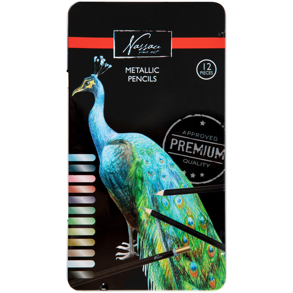 Creioane colorate, Nassau Fine Art, 12 culori metalice, in cutie metalica