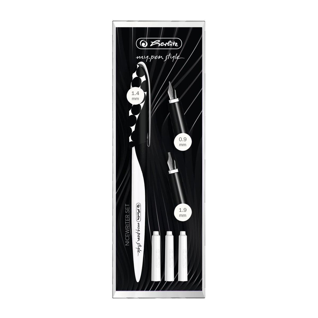 Stilou Herlitz My.Pen style caligrafie cu 3 penite, dimensiune 0,9/1,4/1,9, Just Black - cutie eleganta din plastic