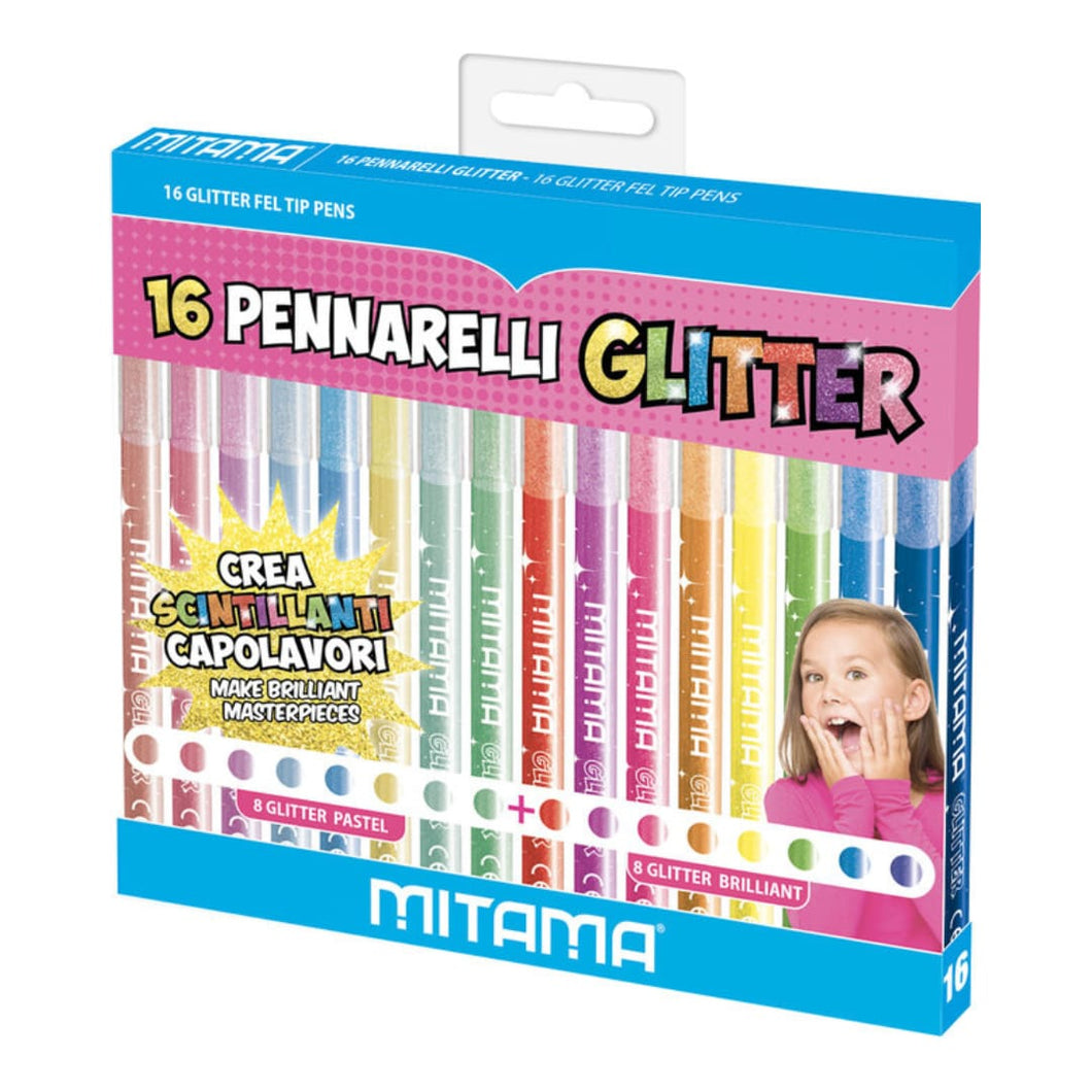 Set 16 Carioci cu sclipici si pastel Mitama, ergonomic, forma triunghiulara