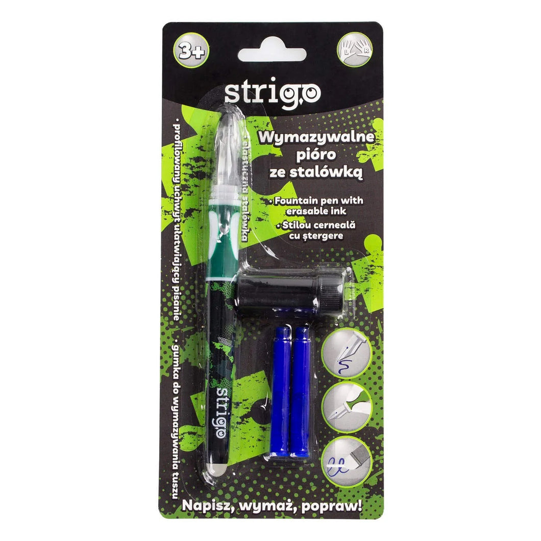 Stilou Strigo cerneala cu stergere + 2 rezerve + dispozitiv curatare, in blister, verde