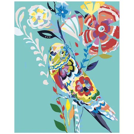 Set pictura pe numere Pasare cu flori, panza bumbac pe rama lemn 40x50 cm